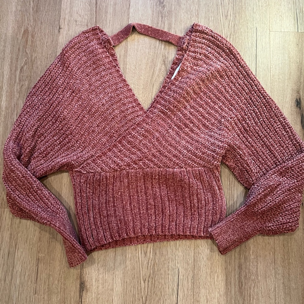 Chunky Knit Low V-Neck Pink Long Sleeve Top